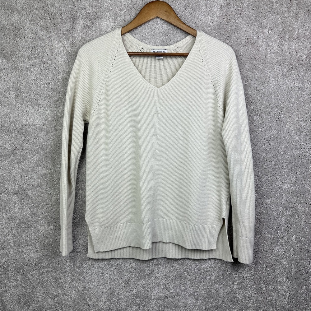Athleta Hanover Refined V Neck Merino Wool Ribbed Sweater Long Sleeve Beige S